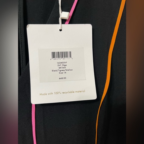 Diane Von Furstenberg Olga Black Pink Orange Silk Blend Flare Jumpsuit Size 14 - Picture 7 of 8